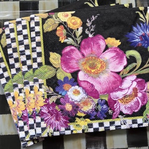 4 SINGLE Individual Mackenzie Childs Black Flower market / Cocktail paper napkins Size 5" x 5" / Decoupage Crafts