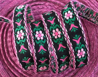 LIMITED Vintage narrow cotton Jacquard Ribbon Trim Tape~pink green white on black~floral jacquard~5/8"