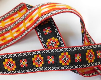 23mm VINTAGE Jacquard Ribbon Trim GEOMETRIC~red yellow orange on black