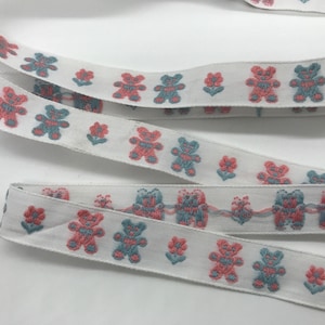 Vintage Jacquard Ribbon Trim ~ Teddy bears and flowers jacquard~2 colorways ~ baby trim ~ 11/16&quot;