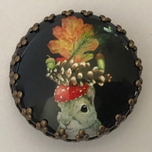 26mm Glass dome STUDIO picture Button~Squirrel w/Fall Leaves hat~1"