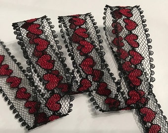 Vintage black floral Lace Trim with red hearts ~ Valentine trim ~ 7/8"