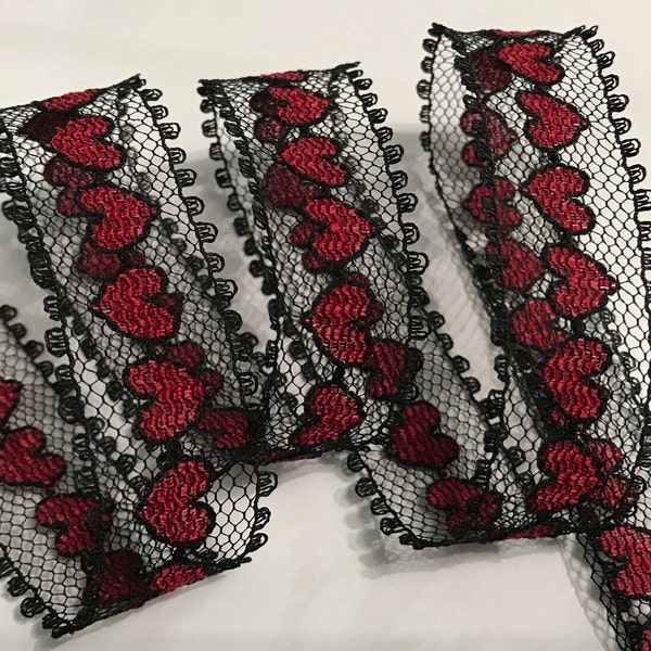 Vintage black floral Lace Trim with red hearts ~ Valentine trim ~ 7/8"