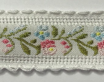 Vintage Jacquard Ribbon Trim Tape~Gorgeous pretty pink Floral design~PINK~baby blue~yellow on white~1"