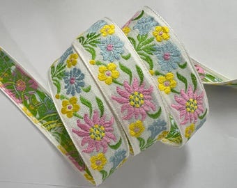 Vintage Floral Jacquard Ribbon Trim, Edelweiss Flowers, Pink multi~1" Wide