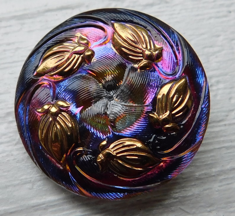 27mm Czech glass button wiridescent luster-Purple~Violet~Gold luster~1-116