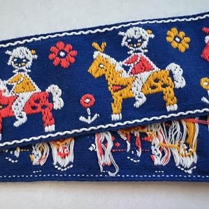 Vintage Jacquard Ribbon Trim 1-7/8&quot; Inch Woven Jacquard Ribbon Children&#39;s Costume Trim~Navy Blue~Yellow~Red~White Child on a horse