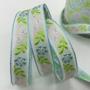 Jacquard Ribbon Trim ~ floral pale pink, blue, bright green on white 1/2"