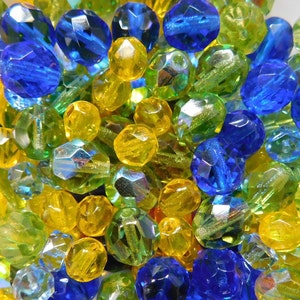 Czech faceted fire polish glass beads~assorted~royal blue~lime aurora~yellow~baby blue
