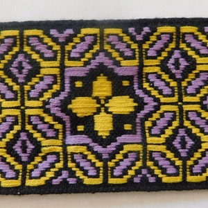 2&quot; Vintage Jacquard Ribbon Renaissance Fair Costume Trim~Geometric floral pattern~Purple yellow on black