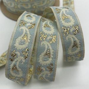 Jacquard Ribbon Trim~Renaissance Fair Costume Trim~Baby blue~off white~gold Metallic~PAISLEY~5/8&quot;