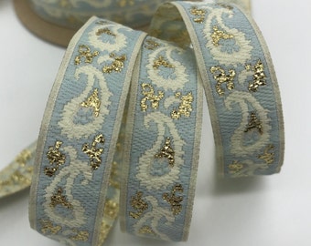 Jacquard Ribbon Trim~Renaissance Fair Costume Trim~Baby blue~off white~gold Metallic~PAISLEY~5/8"