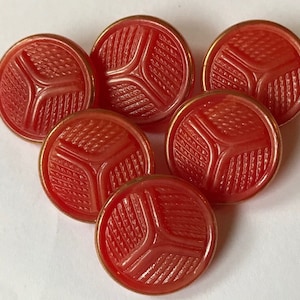Set of 6 Vintage Czech pressed glass Opaque red orange glass buttons~gold trim~TRIAD pattern~18mm~NOS