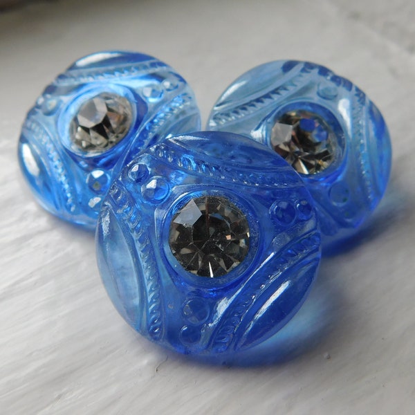 3 Vintage Czech glass Rhinestone buttons Blue depression glass sparkly clear rhinestone button  NOS
