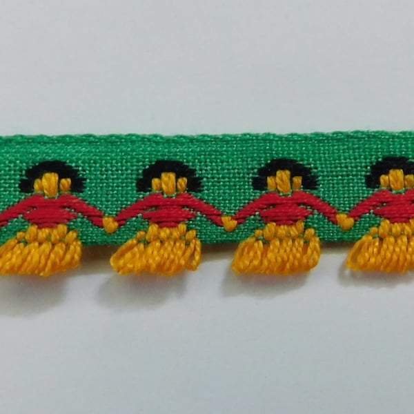 HULA DANCERS~Vintage Narrow Woven Jacquard Ribbon Trim Tape~Yellow, red, black on a green~5/8"~100% COTTON