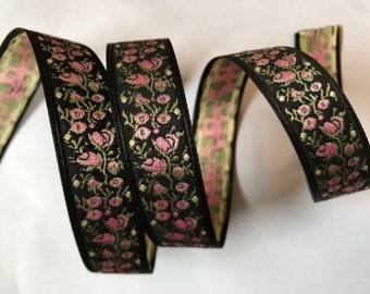 Pretty Vintage PINK floral Jacquard Ribbon Trim Tape~Pink rose buds, yellow, green on Black~doll, baby trims