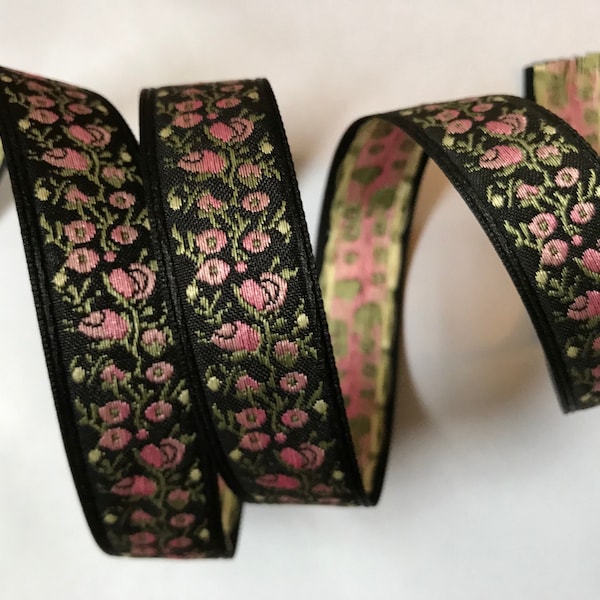 Pretty Vintage PINK floral Jacquard Ribbon Trim Tape~Pink rose buds, yellow, green on Black~doll, baby trims