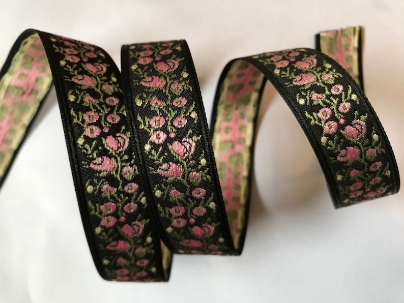 Pretty Vintage PINK floral Jacquard Ribbon Trim TapePink rose buds, yellow, green on Blackdoll, baby trims image 1