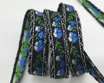 Vintage Sweet narrow Jacquard Ribbon Trim Tape~Multi Floral~blue white flowers green on black 5/8""