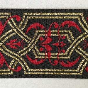 Jacquard Ribbon Trim | 1-9/16" Inch Woven Jacquard Ribbon | Renaissance Fair Costume Trim~Red~Black~gold metallic |  Floral scroll