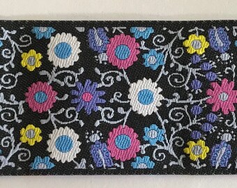 Designer Jacquard ribbon Trim Designer~Floral~pink~yellow~blue~white on Black~1-1/2"