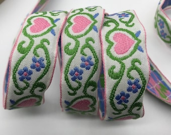 LIMITED Vintage Jacquard Ribbon Trim~PINK hearts and flowers on white~7/8"