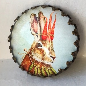 26mm Glass dome STUDIO picture Button~BUNNY w/ carrot hat~Light background~1"~#2