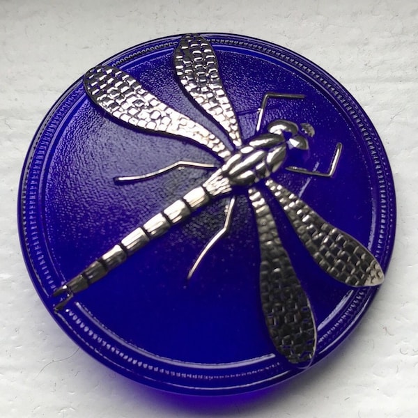 XL 41mm DRAGONFLY Czech pressed hand-painted glass button~cobalt blue w/ silver luster
