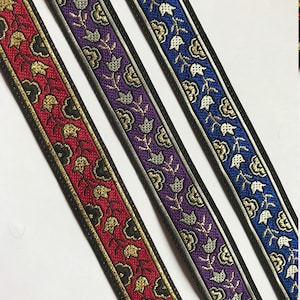 Metallic tiny flowers Woven Jacquard Ribbon Trim Tape~red, purple or blue~metallic gold~3 colorways~11/16&quot;