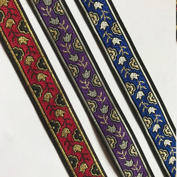 Metallic tiny flowers Woven Jacquard Ribbon Trim Tape~red, purple or blue~metallic gold~3 colorways~11/16"