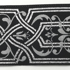 Jacquard Ribbon Trim Woven Jacquard Renaissance Fair Costume Trim~white~Black~silver metallic Floral scroll~1-9/16&quot;
