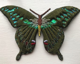 Embroidered BUTTERFLY applique ~ iridescent sparkles ~ Iris green white brown ~ Costume ~ craft trims ~ 3-1/4" x 2