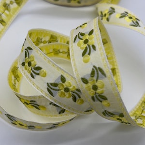 Vintage Jacquard Borte ~ Renaissance Jahrmarkt Kostüm ~ Narzisse GELB, Moosgrün auf weiß ~ BLUMEN ~ 20 mm
