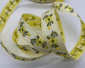Vintage Jacquard Ribbon Trim ~ Renaissance Fair Costume Trim ~ Daffodil YELLOW, moss green on white ~ FLOWERS ~ 7/8"