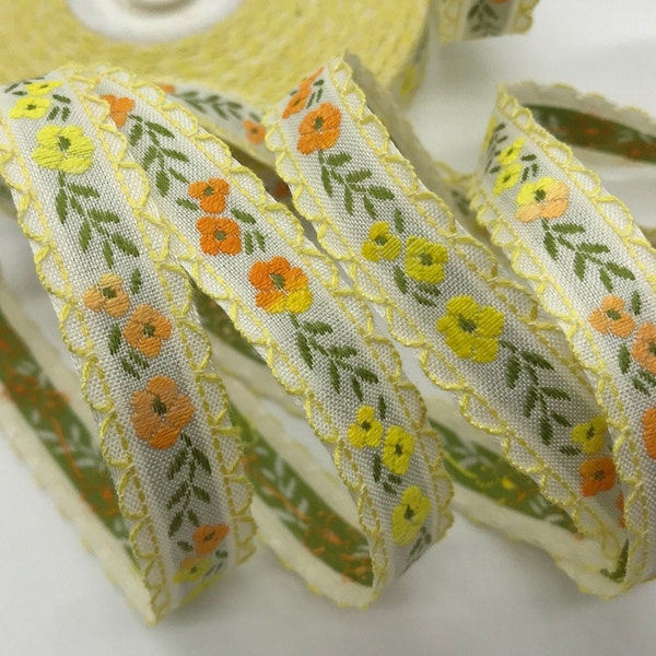 Vintage Sweet narrow Jacquard Ribbon Trim Tape~Multi Floral~Lemon YELLOW~orange creamsicle~flowers green on white~5/8"~#3