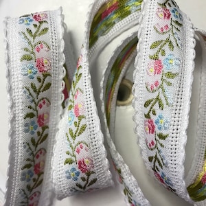 Vintage Floral Jacquard Ribbon Trim, Pink Blue Yellow, 1" Wide