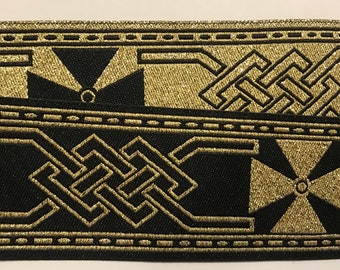 Jacquard Ribbon Trim Tape Gold~BLACK~metallic-Celtic knot~Celtic cross pattern~reversible~1-5/16"
