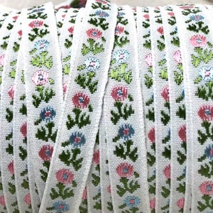 Ruban de bordure jacquard vintage ~ Fleurs délicates ~ Bleu, rose, blanc vert ~ Poupée, garnitures pour bébé ~ 3/8"