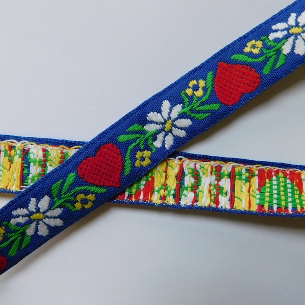 Vintage floral Woven Jacquard Ribbon Trim~Red Hearts flower pattern with yellow, green and BLUE-11/16"