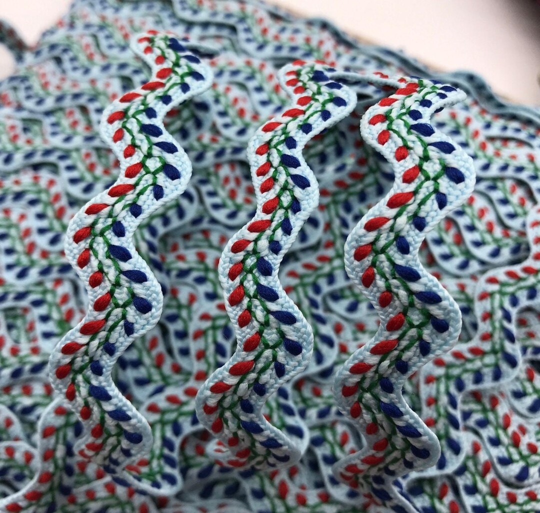 Light Blue Embroidered Feather Stitch Ric Rac Trim, Royal Blue & Red, 9 ...