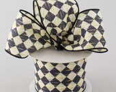 BTY 2.5 quot Harlequin wired ribbon diamond check black cream color streaks courtly jester wreath bows diy supply craft ribbon