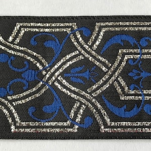 Jacquard Ribbon Trim 1-9/16&quot; Inch Woven Jacquard Ribbon Renaissance Fair Costume Trim~ROYAL BLUE~Black~silver metallic Floral scroll