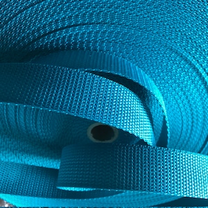May include: A roll of turquoise blue webbing, a type of strong, woven fabric often used for straps and belts.