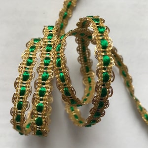 Metallic Gold Scallop Braid ribbon w/ Kelly green accent ~ fancy embellishment trim ~ 1/4&quot;
