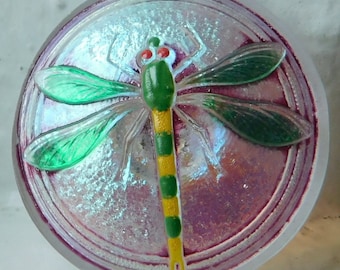 31mm DRAGONFLY Czech pressed hand-painted glass button~iridescent clear w/pink undertones~green~yellow