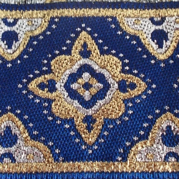Jacquard Ribbon Trim~Regal Pattern Woven Jacquard Ribbon Royal blue~silver~gold~metallic~1-7/8"
