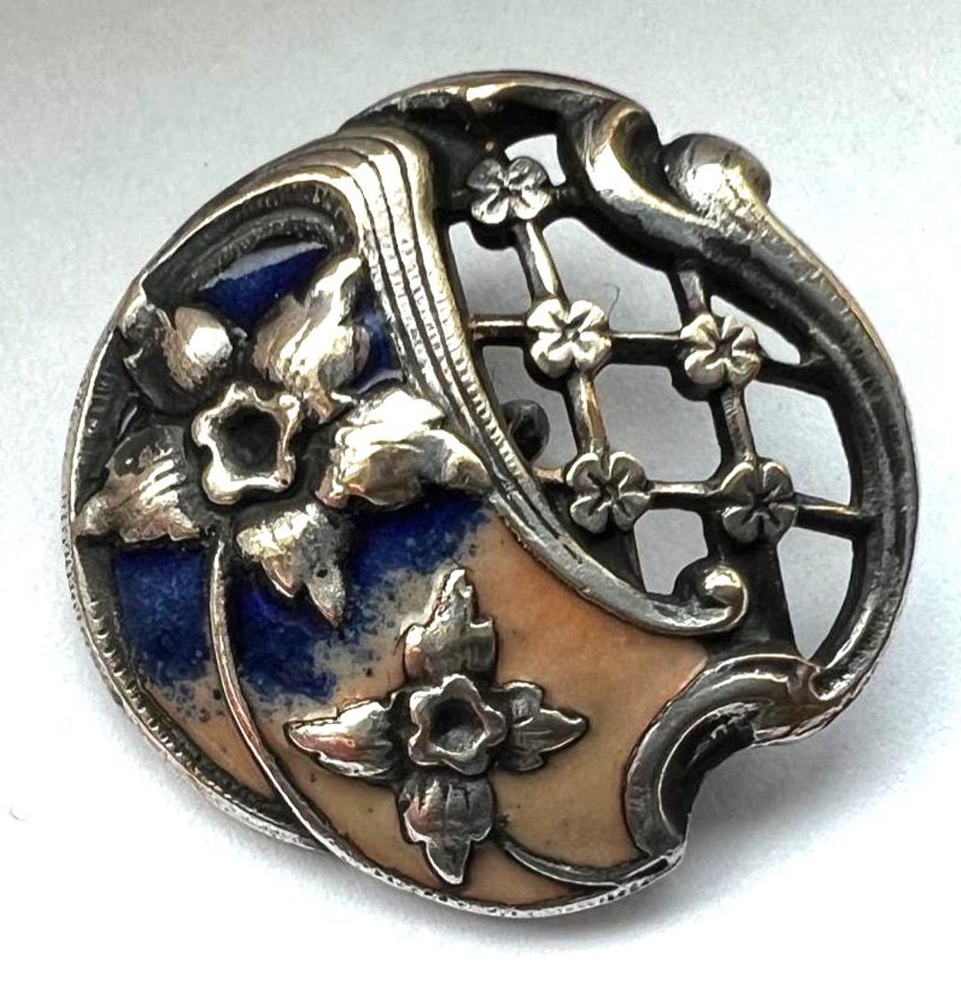 Antique Art Nouveau Silverplate CHAMPLEVE Enamel Button Open Work~cut ...