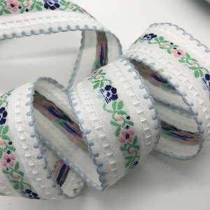 Vintage cotton Jacquard Ribbon Trim Tape~BLUE pink green on white Flowers 1-3/8&quot;