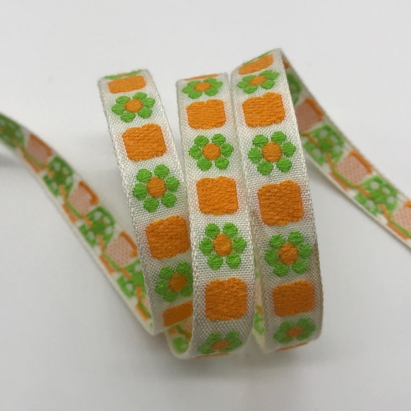 Narrow Jacquard Ribbon Trim~ daisies & squares, orange, chartreuse on white background 3/8"