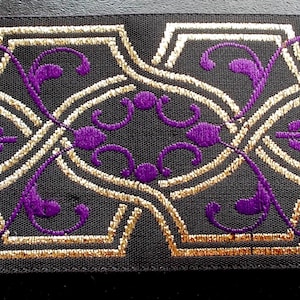 Jacquard Ribbon Trim  Woven Jacquard Ribbon Renaissance Fair Costume Trim~Purple~Black~gold metallic Floral scroll~1-1/2&quot;